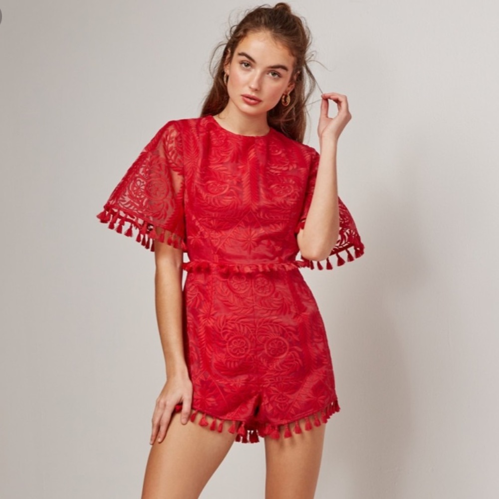 findersKEEPERS // red lace tassel open back romper